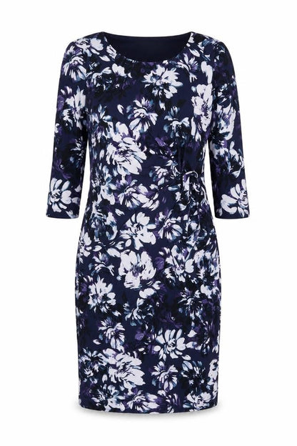 Front view of Kaliko women’s blue floral polyester bodycon, size UK 10, round neck pullover