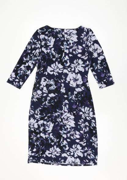 Back view of Kaliko women’s blue floral polyester bodycon, size UK 10, round neck pullover