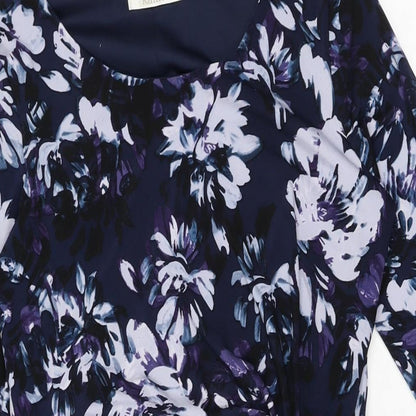 Close-up detail of Kaliko women’s blue floral polyester bodycon, size UK 10, round neck pullover