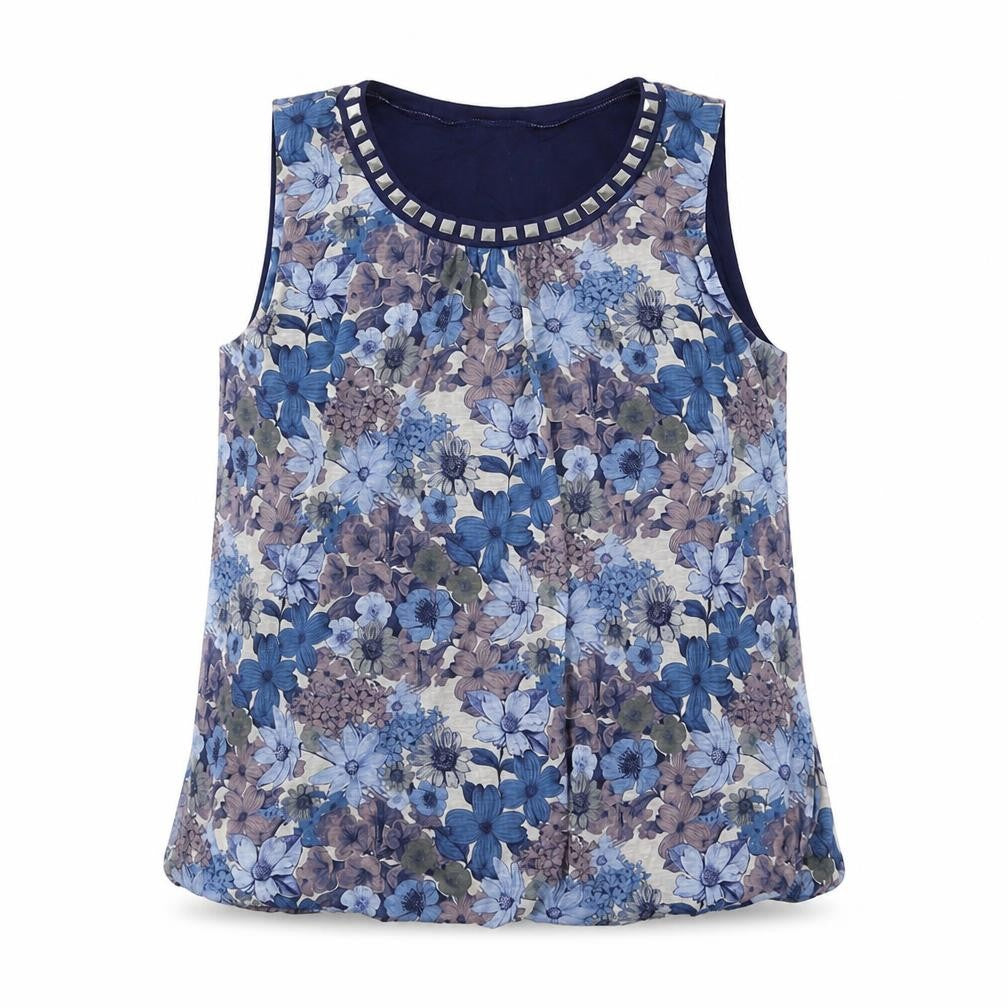 Camaieu Womens Blue Floral Polyester Basic T-Shirt Size XL Round Neck