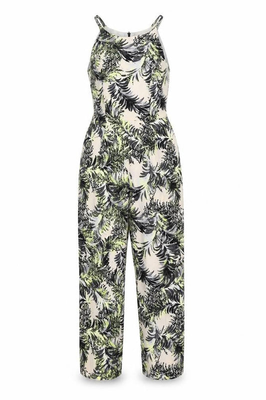 Front view of Miss Selfridge women’s ivory geometric polyester jumpsuit one-piece, size UK 12, 29-inch leg zip