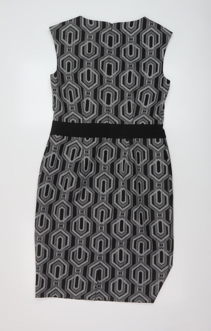 Back view of Linea women’s black geometric polyester sheath, size UK 12, round neck zip
