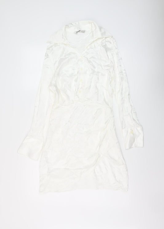 Zara Womens Ivory Polyester Shirt Dress Size S Collared Zip