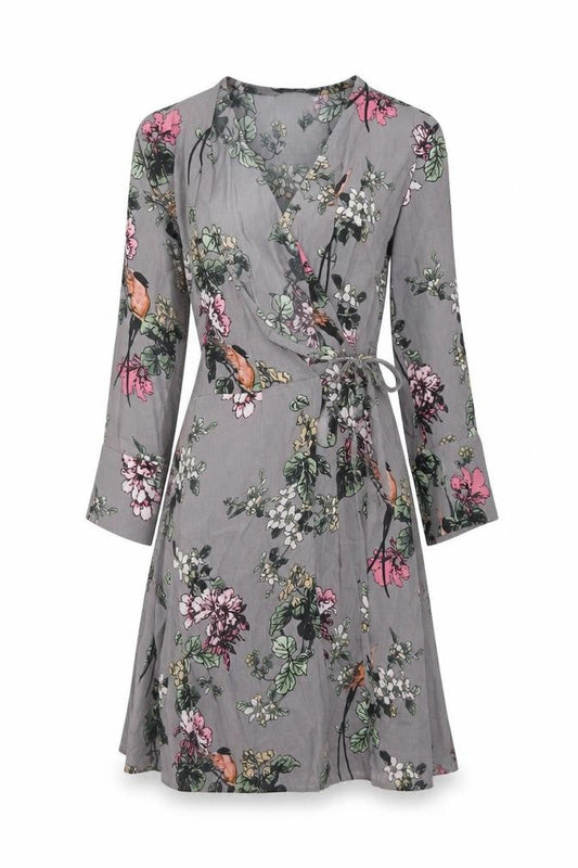 Soaked Womens Grey Floral Viscose Wrap Dress Size XS V-Neck Tie