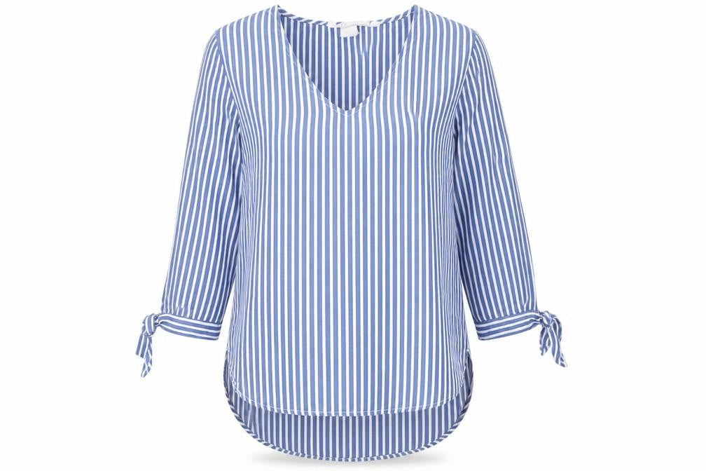 H&M Womens Blue Striped Cotton Basic Blouse Size 6 V-Neck - Tie Detail