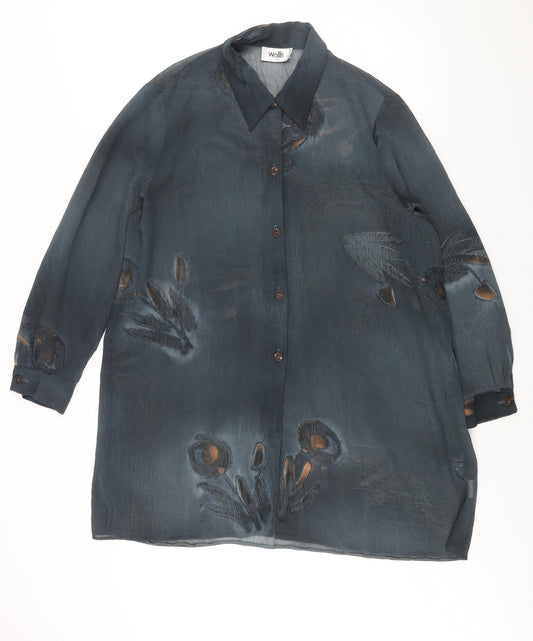 Wallis Womens Blue Geometric Polyester Tunic Button-Up Size 14 Collared - Semi Sheer