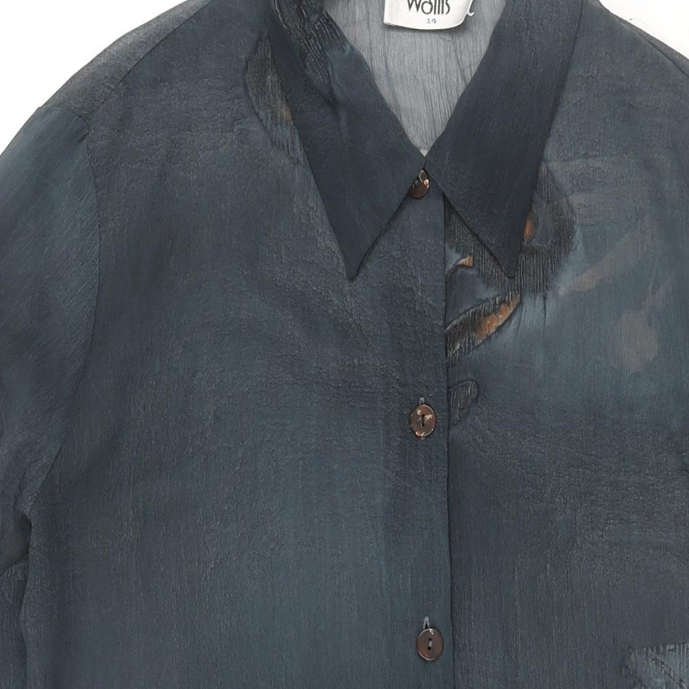 Wallis Womens Blue Geometric Polyester Tunic Button-Up Size 14 Collared - Semi Sheer