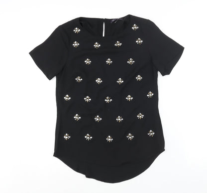 Marks & Spencer Womens Black Polyester Basic Blouse Size 10 Round Neck - Floral Rhinestone