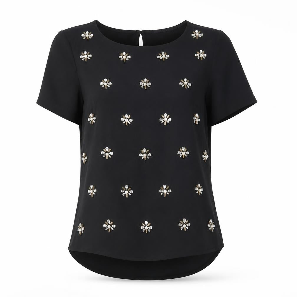 Marks & Spencer Womens Black Polyester Basic Blouse Size 10 Round Neck - Floral Rhinestone
