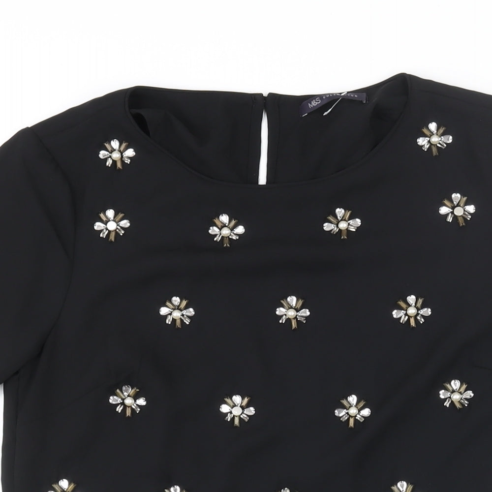 Marks and Spencer Womens Black Polyester Basic Blouse Size 10 Round Neck - Floral Rhinestone