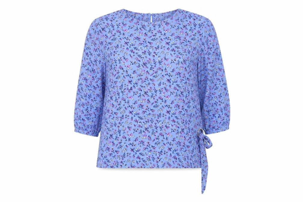 Bonmarché Womens Blue Geometric Polyester Basic Blouse Size 14 Round Neck - Floral Print Eyelet Asymmetric