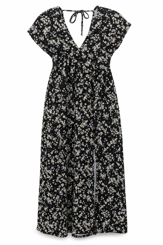 Topshop Womens Black Floral Polyester Shift Size 10 V-Neck Tie - Front Slit
