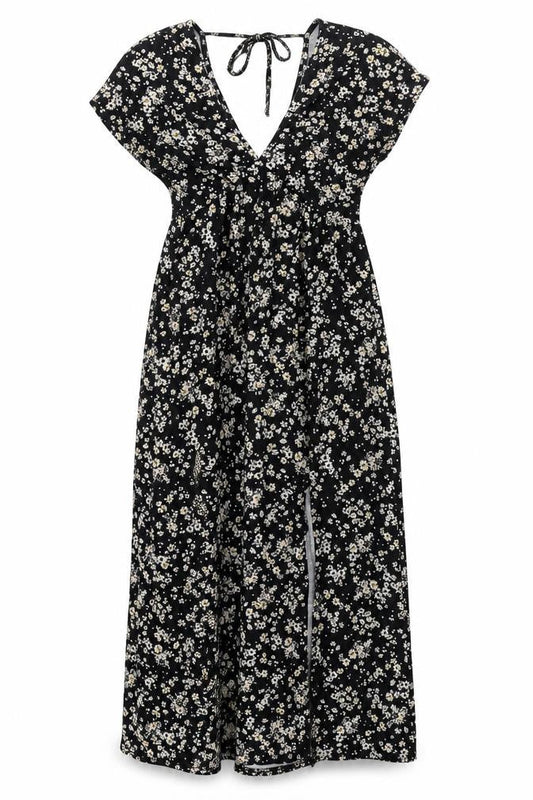 Topshop Womens Black Floral Polyester Shift Size 10 V-Neck Tie - Front Slit