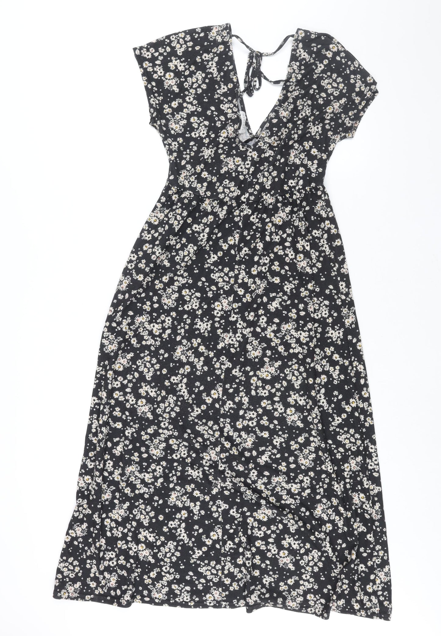 Topshop Womens Black Floral Polyester Shift Size 10 V-Neck Tie - Front Slit