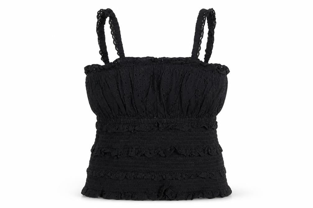 Topshop Womens Black Cotton Camisole Blouse Size 10 Square Neck - Rouched Frill