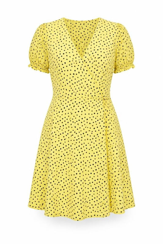 Mango Womens Yellow Polka Dot Polyester Wrap Dress Size M V-Neck Tie