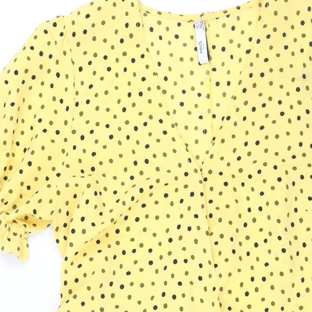 Mango Womens Yellow Polka Dot Polyester Wrap Dress Size M V-Neck Tie