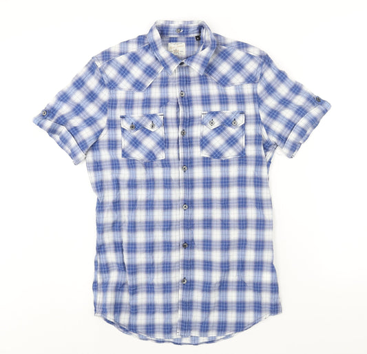 River Island Mens Blue Check Cotton Button-Up Size S Collared Button
