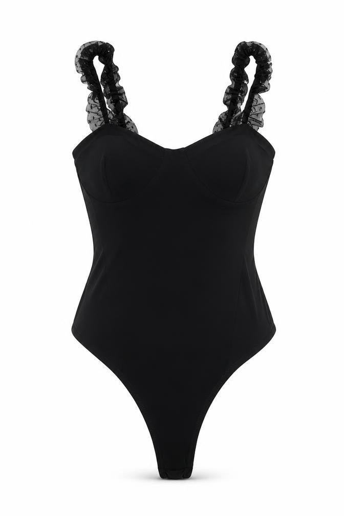 PRETTYLITTLETHING Womens Black Polyester Bodysuit One-Piece Size 10 Snap - Mesh Frill Strap