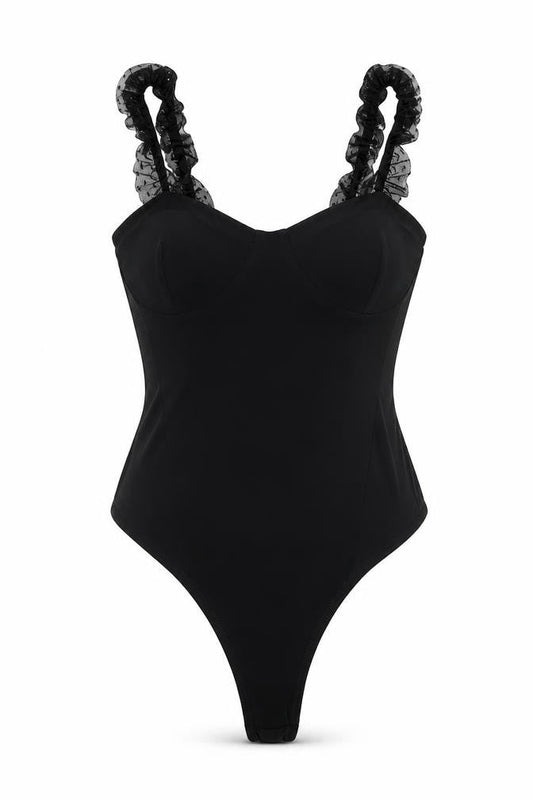 PRETTYLITTLETHING Womens Black Polyester Bodysuit One-Piece Size 10 Snap - Mesh Frill Strap