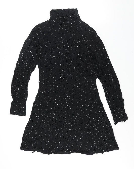 New Look Womens Black Geometric Viscose A-Line Size 8 Collared Button - Belted