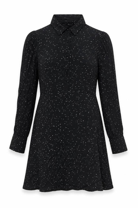 New Look Womens Black Geometric Viscose A-Line Size 8 Collared Button - Belted