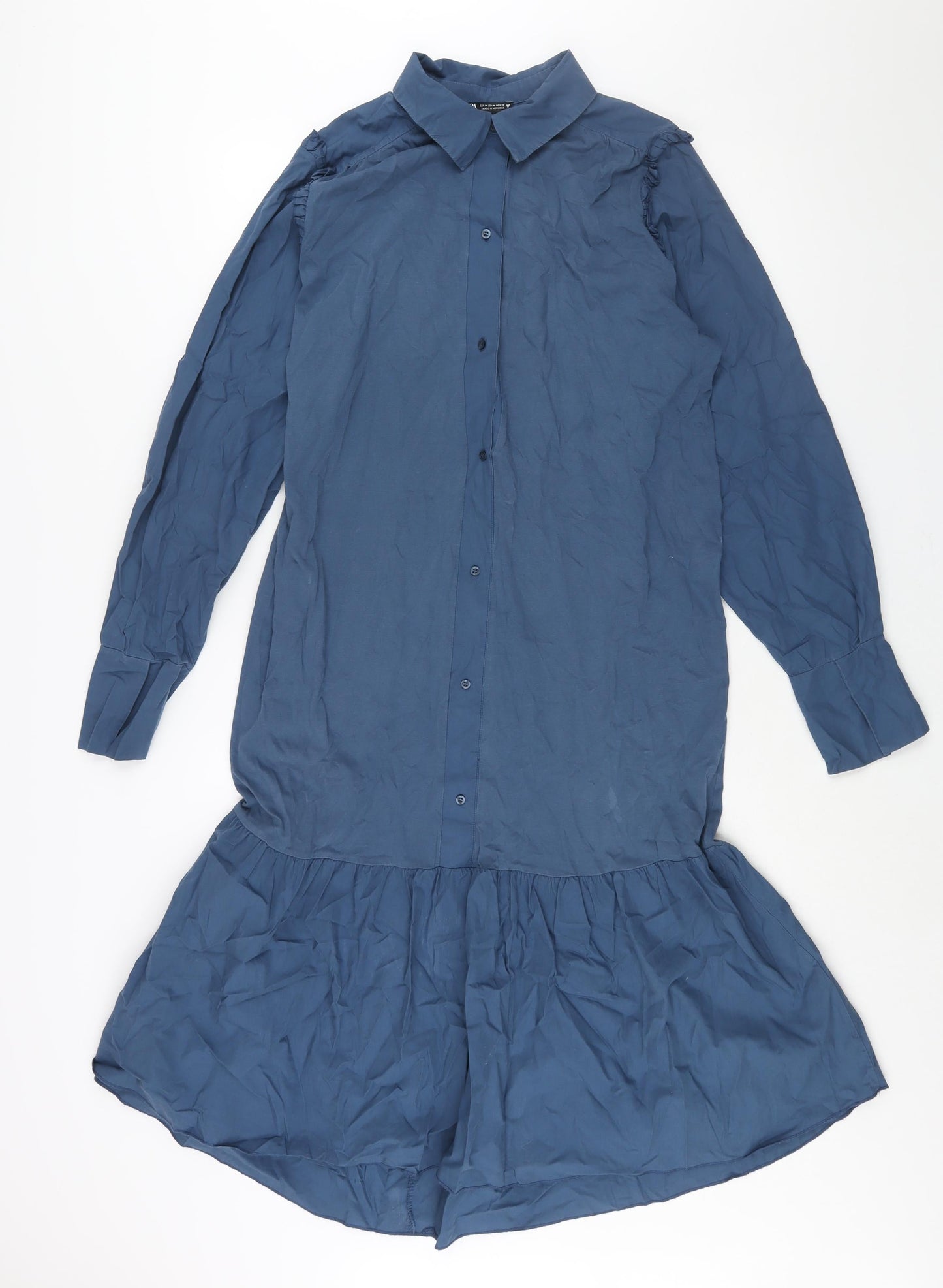 Zara Womens Blue Cotton Shirt Dress Size M Collared Button - Frill