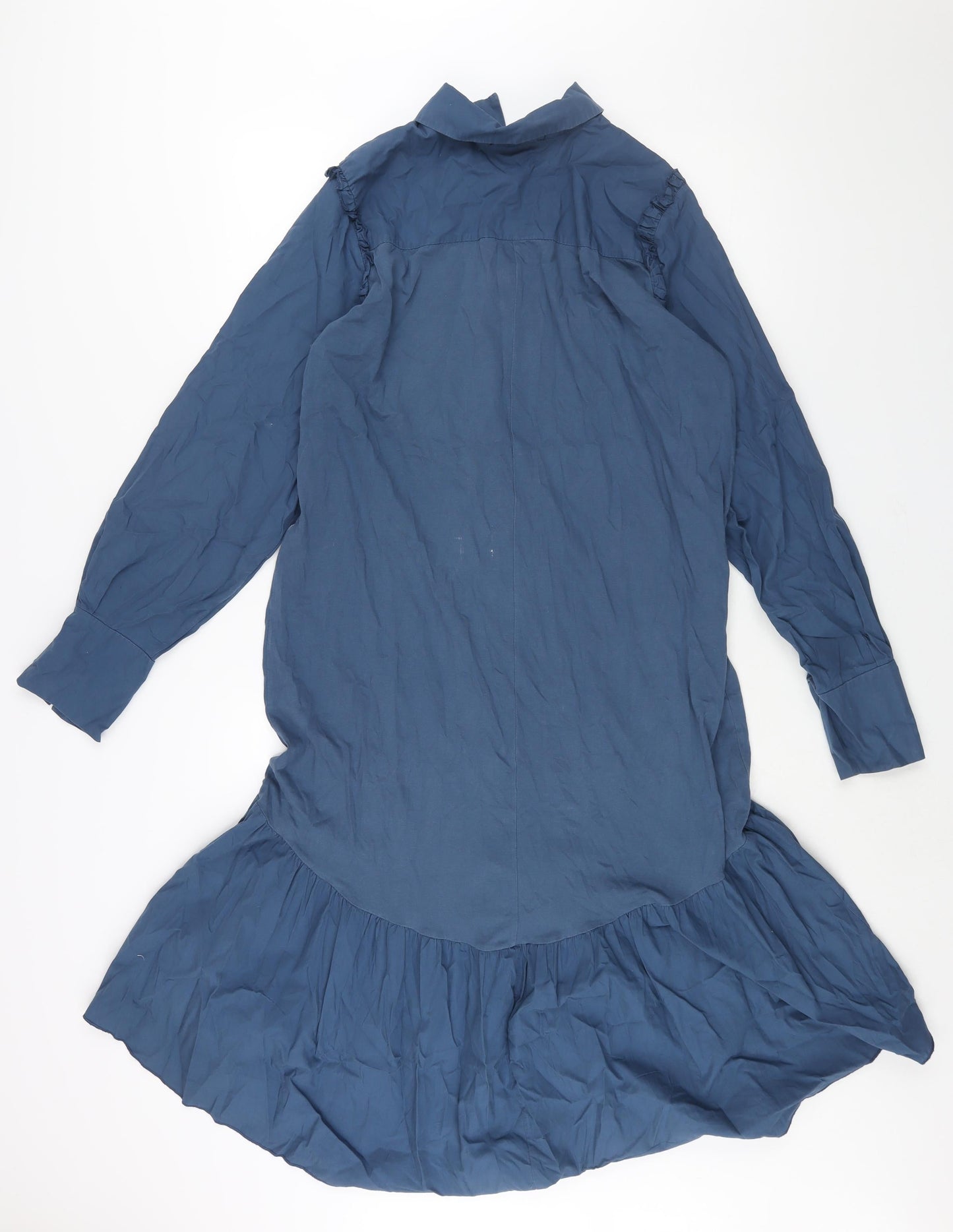 Zara Womens Blue Cotton Shirt Dress Size M Collared Button - Frill