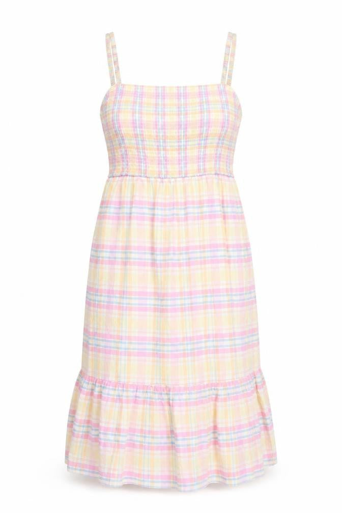 Cotton On Womens Multicoloured Check Cotton Shift Size L Square Neck Pullover - Rouched Bodice