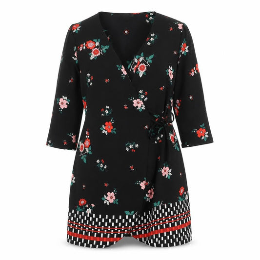 Topshop Womens Black Floral Polyester Wrap Dress Size 10 V-Neck Tie - Geometric Hem