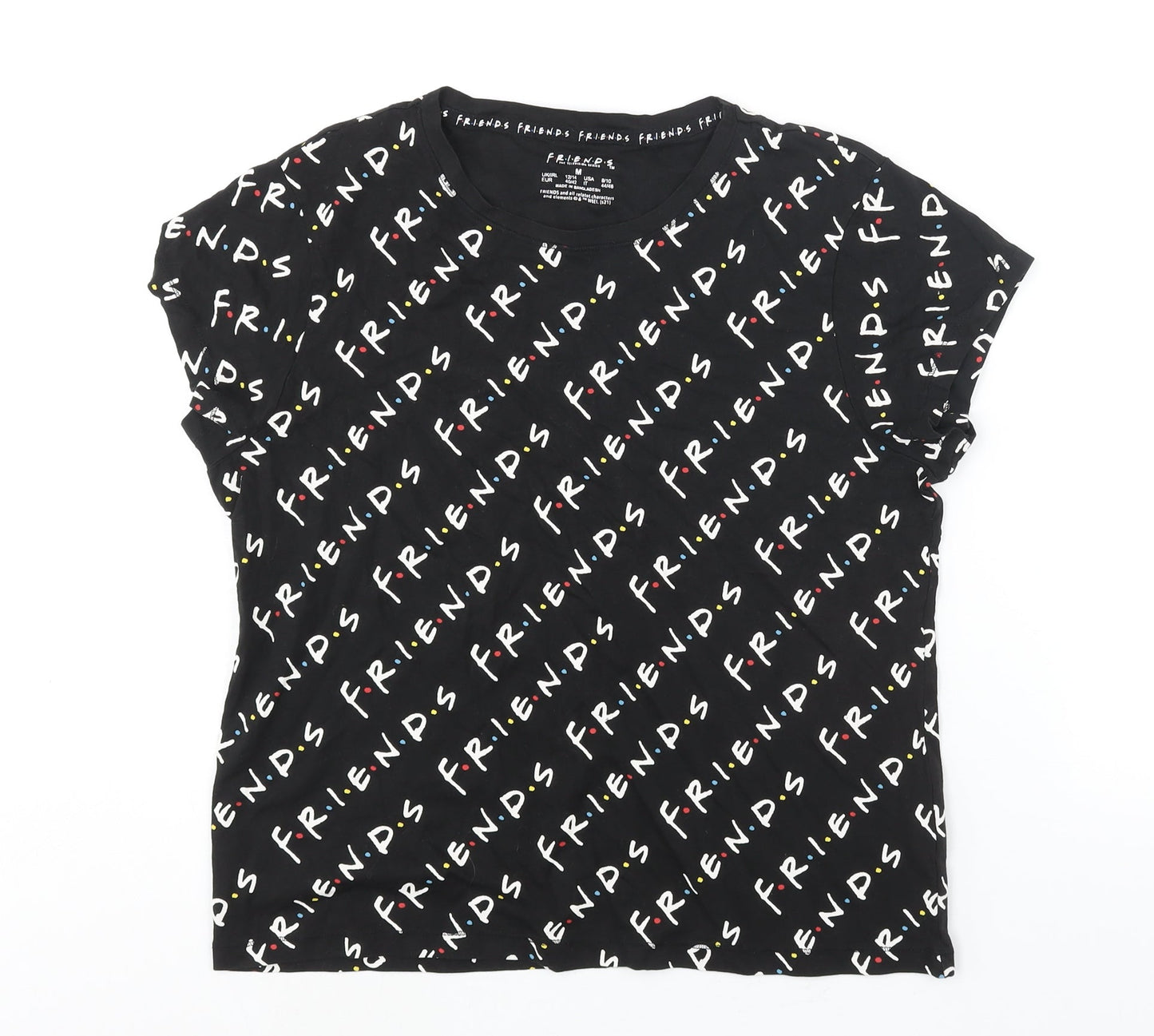 Friends Womens Black Geometric Cotton Basic T-Shirt Size 8 Crew Neck - Friends Logo Print