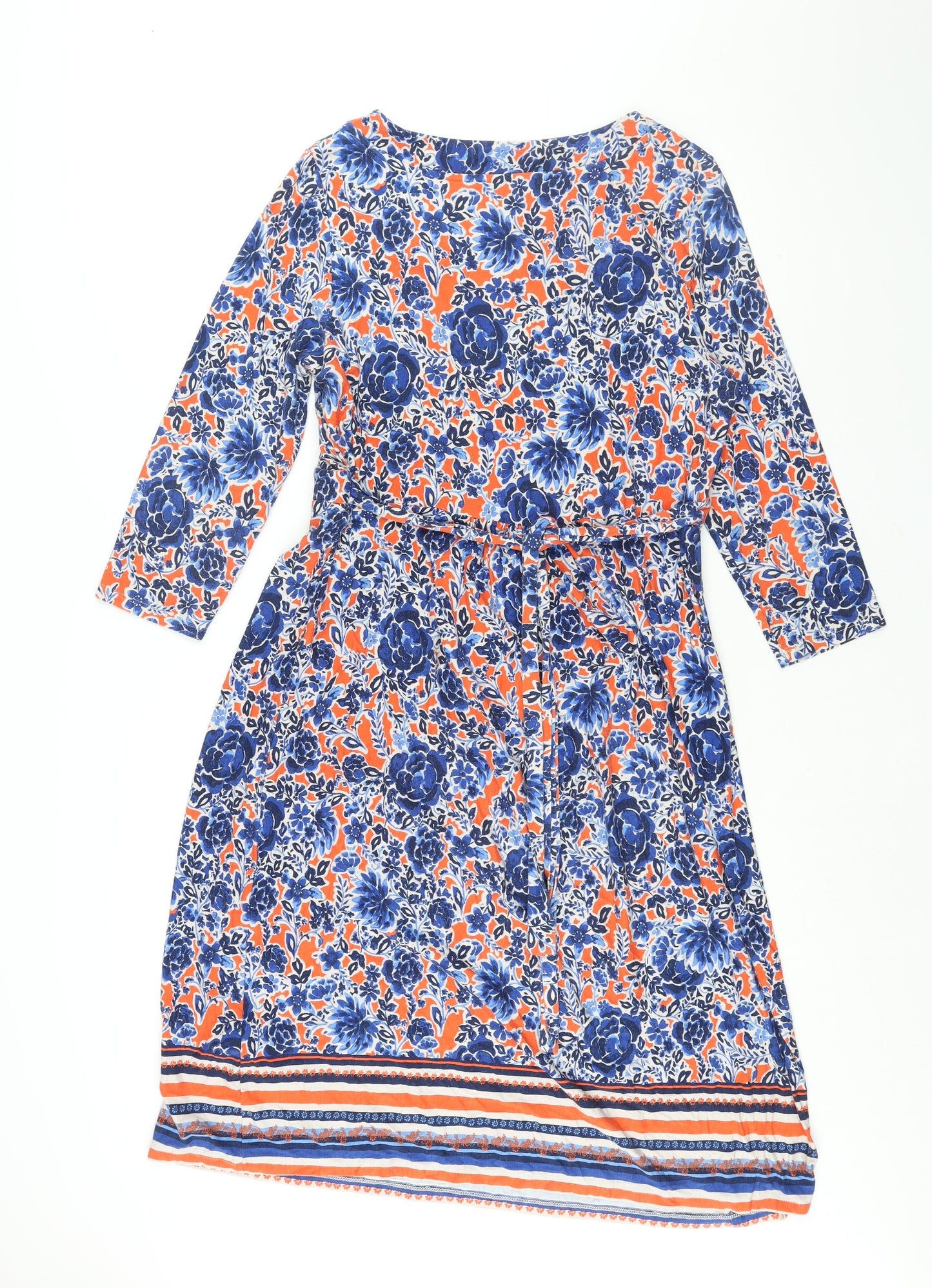 Marks and Spencer Womens Blue Floral Viscose Shift Size 16 V-Neck Pullover - Belted Button Detail