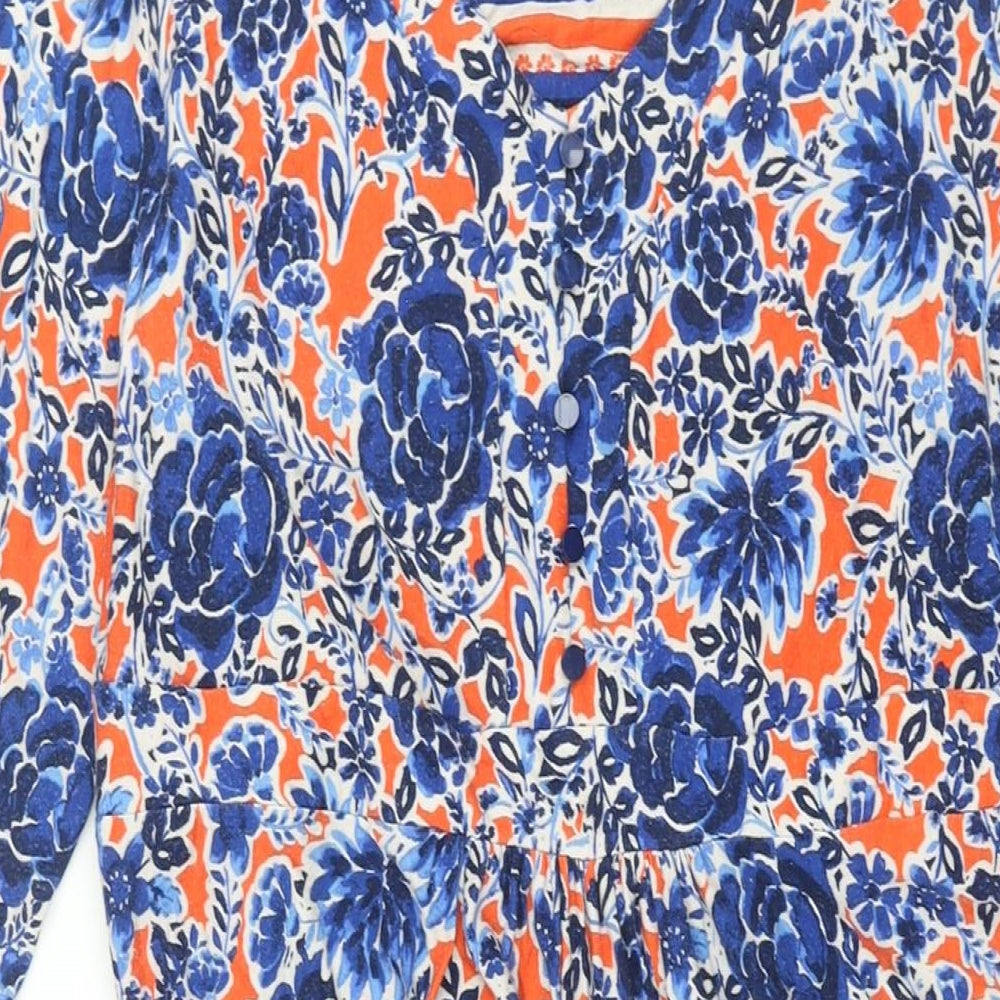 Marks and Spencer Womens Blue Floral Viscose Shift Size 16 V-Neck Pullover - Belted Button Detail
