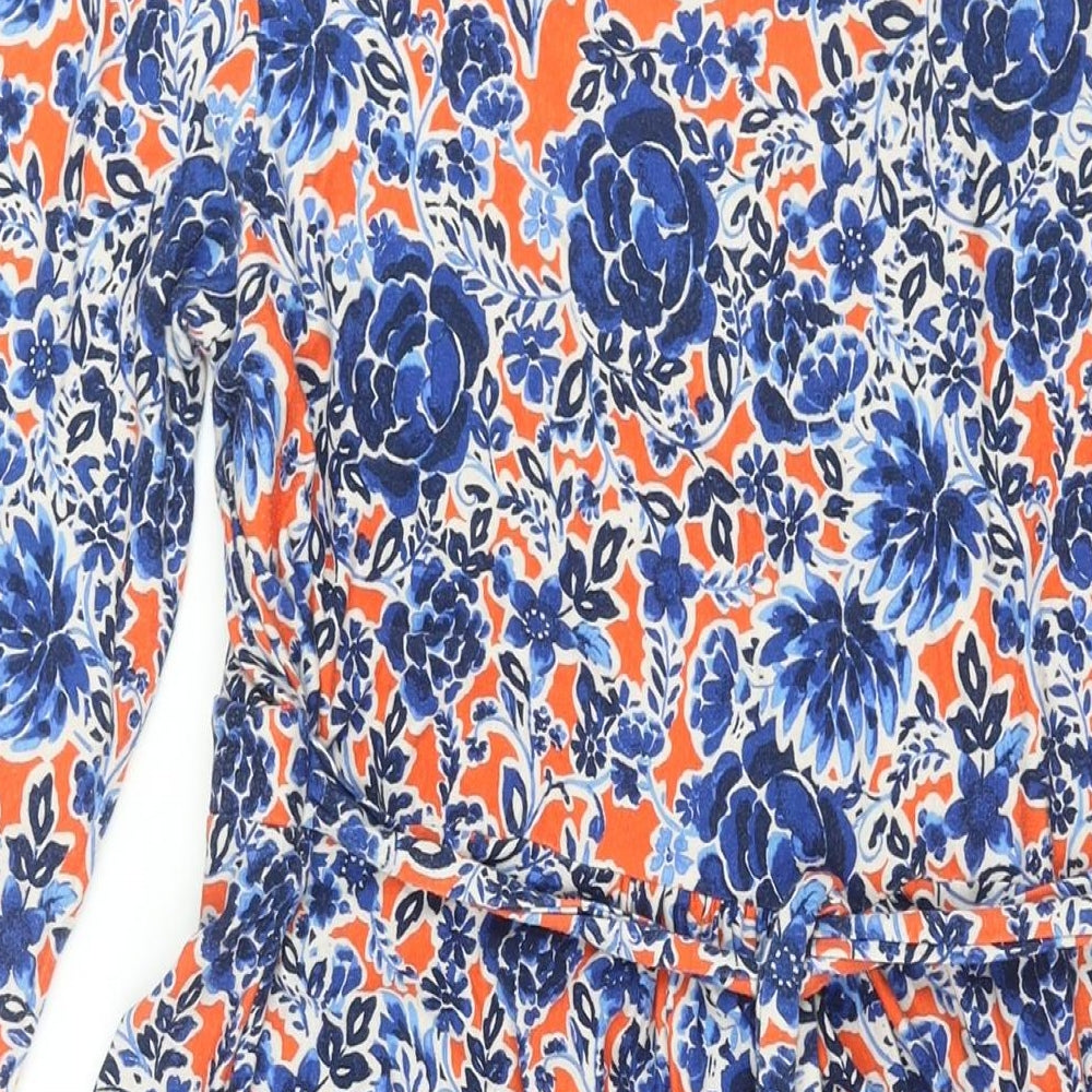 Marks and Spencer Womens Blue Floral Viscose Shift Size 16 V-Neck Pullover - Belted Button Detail