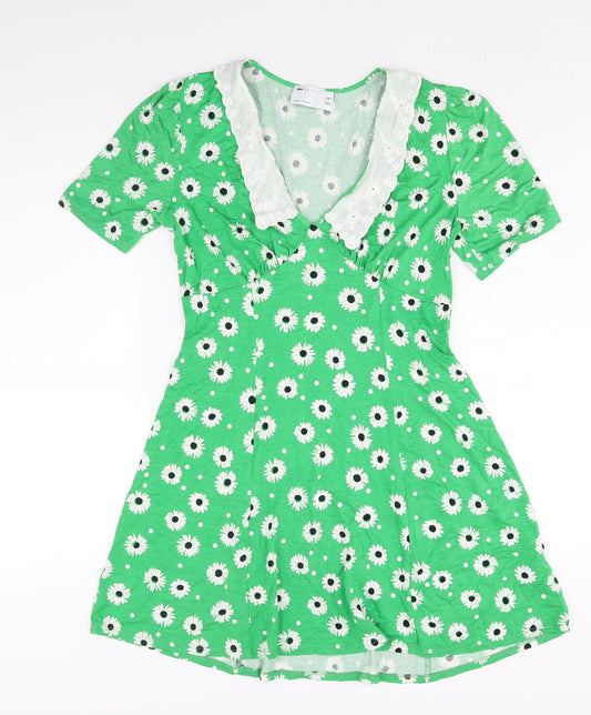 ASOS Womens Green Floral Viscose A-Line Size 10 V-Neck Pullover - Lace Collar