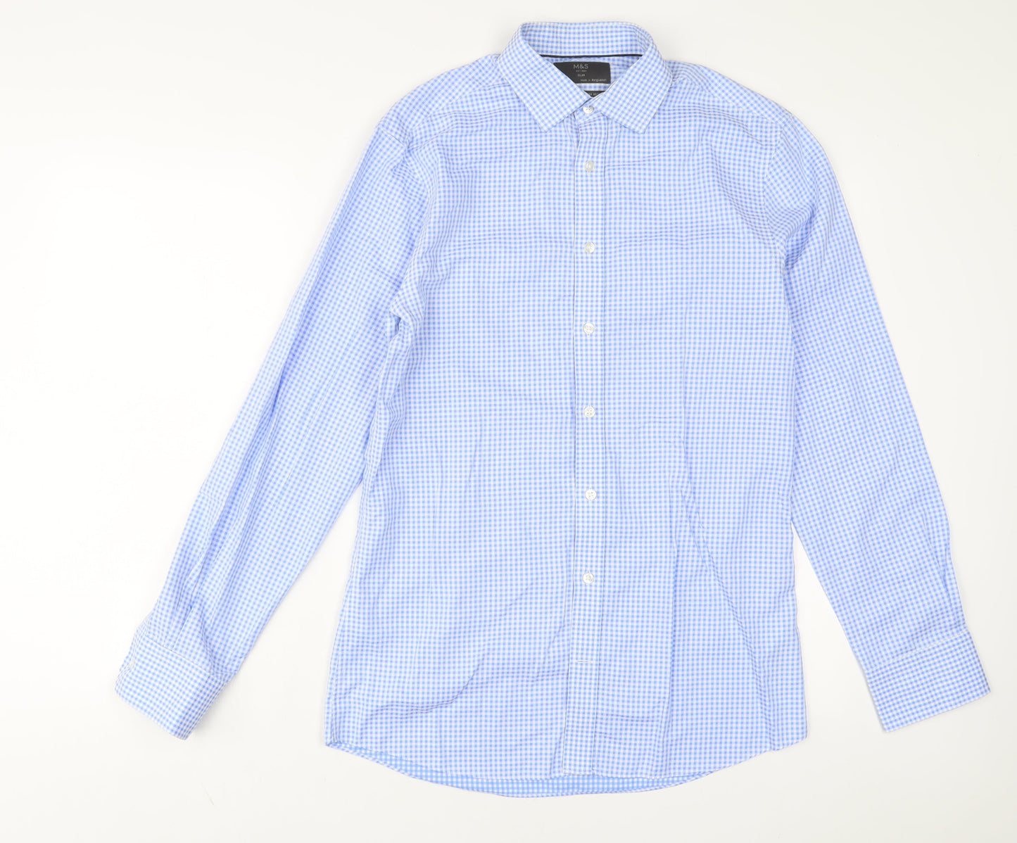 Marks and Spencer Mens Blue Plaid Cotton Button-Up Size 15 Collared Button