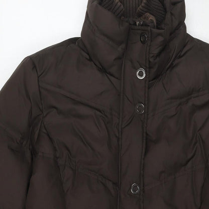 Close-up detail of ESPRIT women’s brown quilted jacket, size UK 10, zip