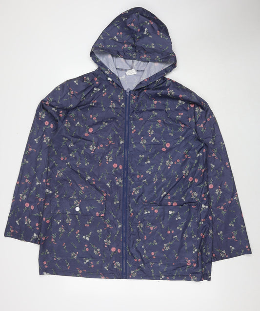 Anne de Lancey Womens Blue Floral Rain Coat Jacket Size L Zip
