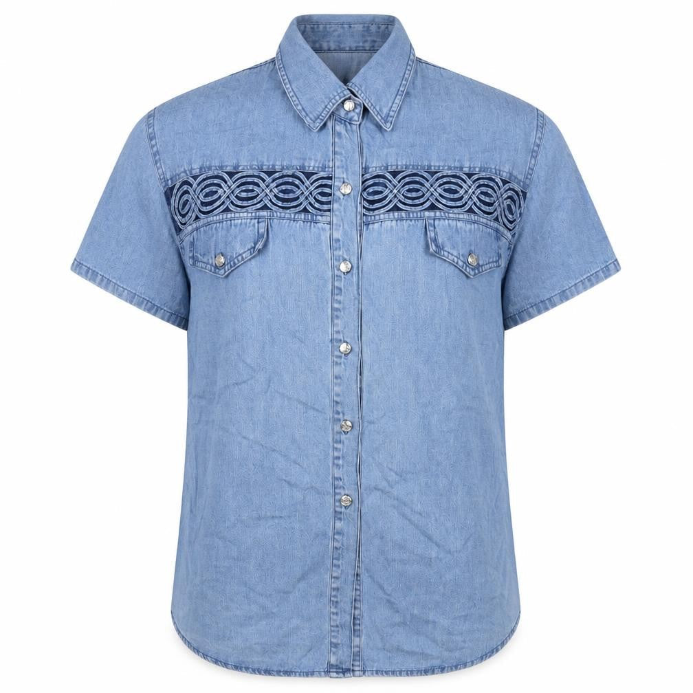 RE&X Womens Blue Cotton Basic Blouse Size L Collared - Detail Front & Back.