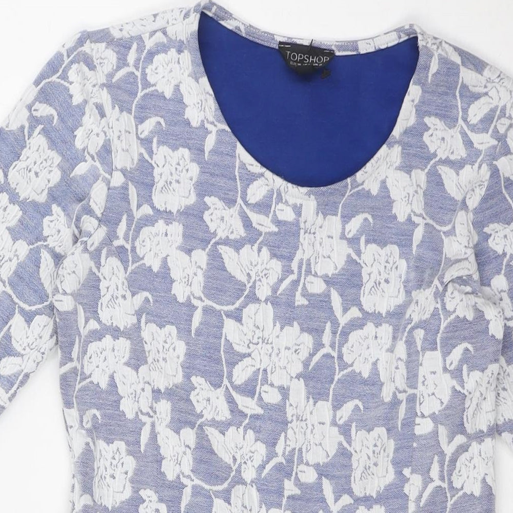 Topshop Womens Blue Floral Polyester A-Line Size 10 Scoop Neck