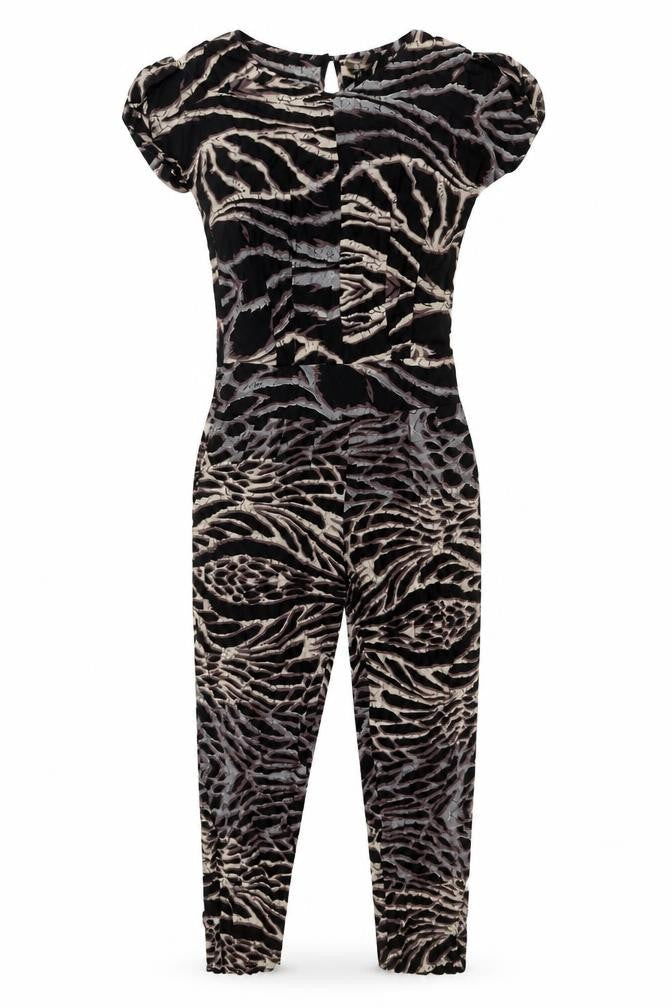 Next Womens Black Animal Print Viscose Jumpsuit One-Piece Size 8 L32 in Button - Elasticated Waist