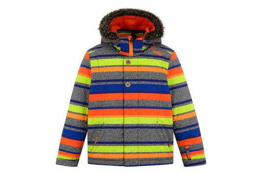 Front view of Protest boys’ multicoloured striped ski jacket jacket, size XS, zip - fue fur hood trim