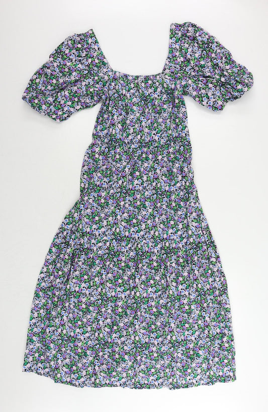 Marks and Spencer Womens Multicoloured Floral Cotton A-Line Size 8 Square Neck Pullover - Puff Sleeve