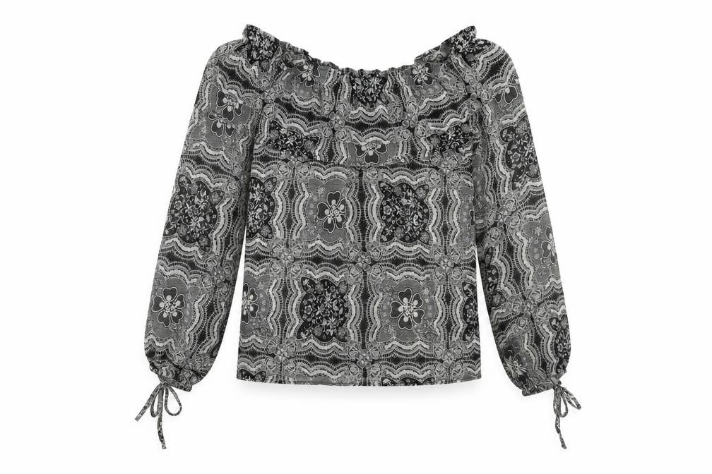 Apricot Womens Black Paisley Polyester Basic Blouse Size 10 Off the Shoulder - Sheer