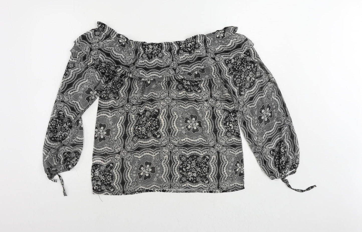 Apricot Womens Black Paisley Polyester Basic Blouse Size 10 Off the Shoulder - Sheer