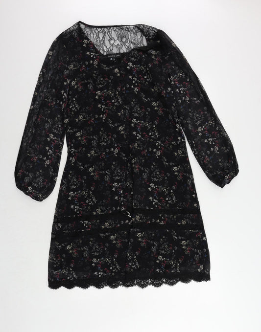Label Lab Womens Black Floral Polyester A-Line Size 6 V-Neck Button - Lace Detail