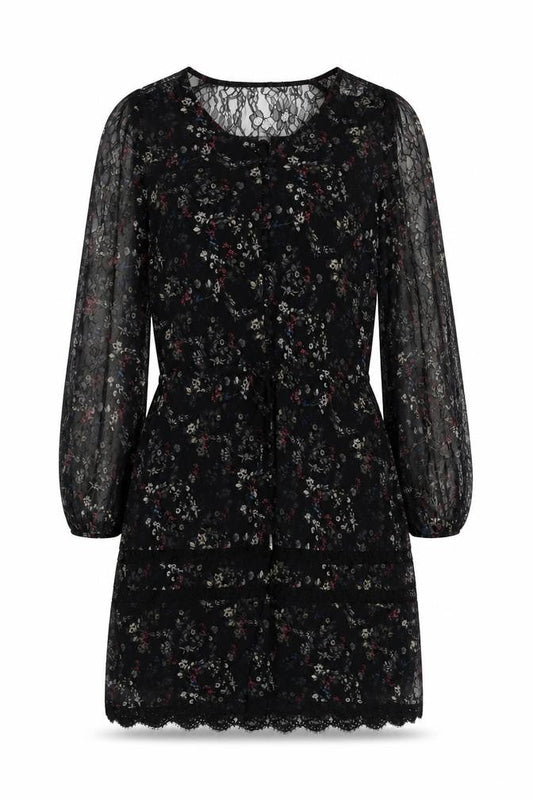 Label Lab Womens Black Floral Polyester A-Line Size 6 V-Neck Button - Lace Detail