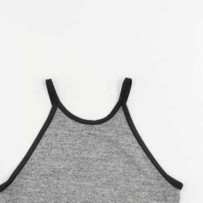 Close-up detail of Miss Selfridge women’s grey polyester cropped tank, size UK 8, round neck