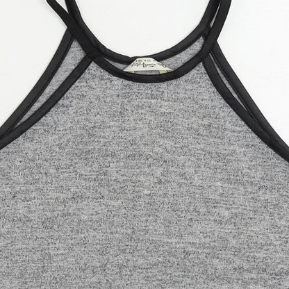 Brand and care label for Miss Selfridge women’s grey polyester cropped tank, size UK 8, round neck