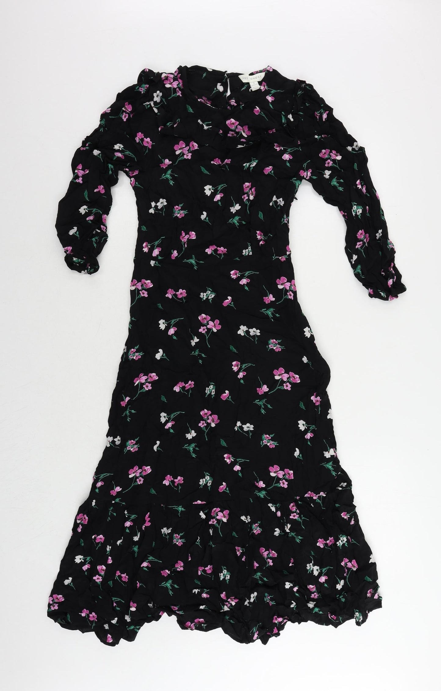 Marks and Spencer Womens Black Floral Viscose A-Line Size 8 Round Neck Button